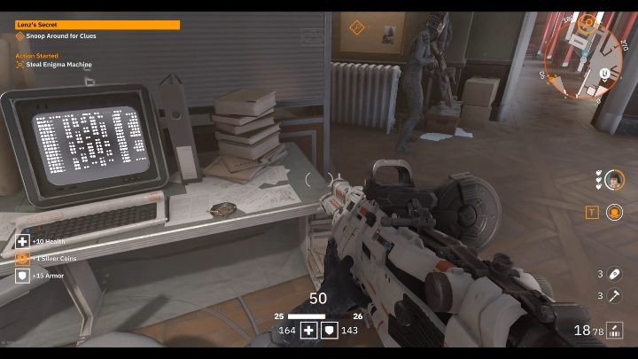 Na biurku, koło stosu książek leży dyskietka - Mały Berlin / Little Berlin | Sekrety w Wolfenstein Youngblood - Wolfenstein: Youngblood - poradnik do gry