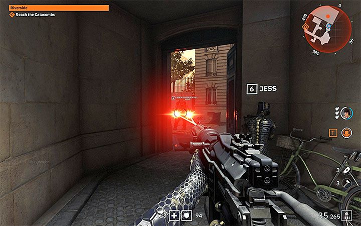 Uważaj na pojedynczego przeciwnika i dotrzyj do miejsca, w którym po raz pierwszy znajdziesz granaty (Handgranate) - Riverside | Solucja Wolfenstein Youngblood - Wolfenstein: Youngblood - poradnik do gry