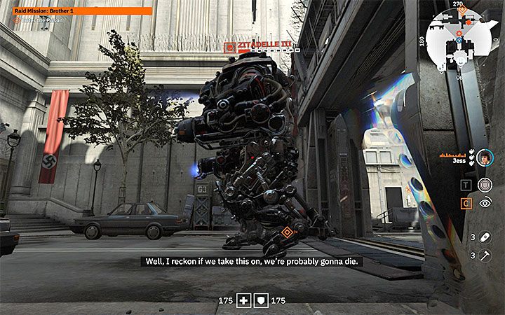 W drodze do więzienia siostry będą wpadały na kolejnych zwykłych nazistów, aczkolwiek jedną z głównych ulic dodatkowo patroluje mini-boss Zitadelle - Raid Mission: Brother 1 | Solucja Wolfenstein Youngblood - Wolfenstein: Youngblood - poradnik do gry