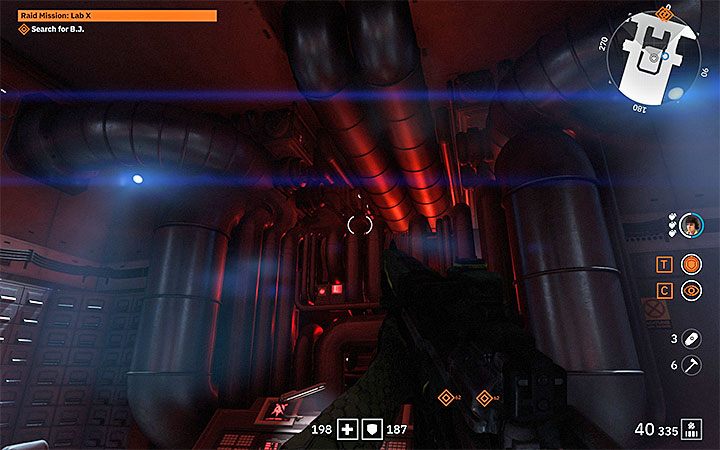 W celu ominięcia drugiej pary zapór laserowych wejdź do pomieszczenia kontrolnego i zlokalizuj dziurę pomiędzy rurami - pokazuje ją dołączony obrazek - Raid Mission Lab X | Solucja Wolfenstein Youngblood - Wolfenstein: Youngblood - poradnik do gry