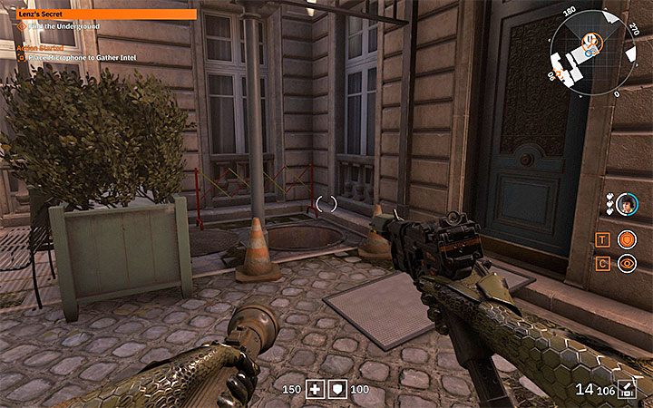 Zejście do kanałów pokazuje dołączony obrazek - jest ono w jednym z narożników dziedzińca - Lenzs Secret | Misje poboczne w Wolfenstein Youngblood - Wolfenstein: Youngblood - poradnik do gry