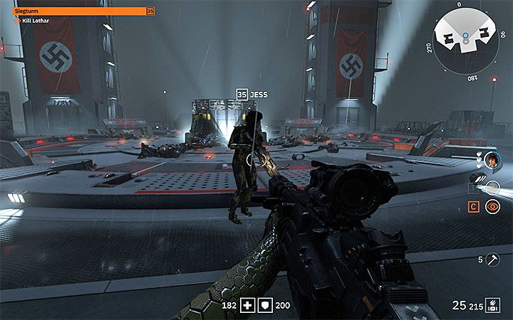 Drugi pojedynek z Generałem Lotharem rozpocznie się po dotarciu na pokazany na obrazku dach, czyli po zaliczeniu przejażdżki dużą windą, w trakcie której pojawiali się wrogowie - Generał Lothar - finałowy boss w Wolfenstein Youngblood - Wolfenstein: Youngblood - poradnik do gry