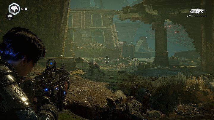 Gdy tylko wyjdziesz z budynku zostaniesz zaatakowany przez kolejne oddziały przeciwnika - Akt 4 Rozdział 2 - Upadek | Solucja Gears 5 - Gears 5 - poradnik do gry