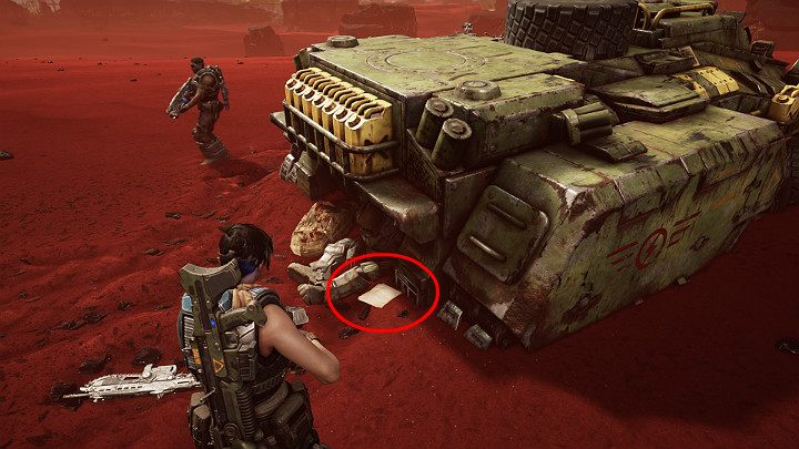 Za jednym z czołgów znajdziesz przedmiot kolekcjonerski - Rozkazy lojalistów dla Porucznika Melich - Akt 3 Rozdział 3 - Może wymagać złożenia | Solucja Gears 5 - Gears 5 - poradnik do gry