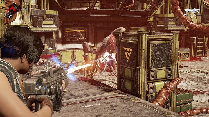 Przed wejściem do budynku czeka Cię walka z kilkoma mniejszymi przeciwnikami i jednym większym - skoczkiem - Akt 3 Rozdział 3 - Może wymagać złożenia | Solucja Gears 5 - Gears 5 - poradnik do gry