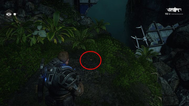 W pierwszej kolejności zejdź ze szlaku w lewo, aby zdobyć pierwszy przedmiot kolekcjonerski - Odznakę jednostki onyksowego gwardzisty - Akt 1 Rozdział 1 - Strzał w ciemno | Solucja Gears 5 - Gears 5 - poradnik do gry