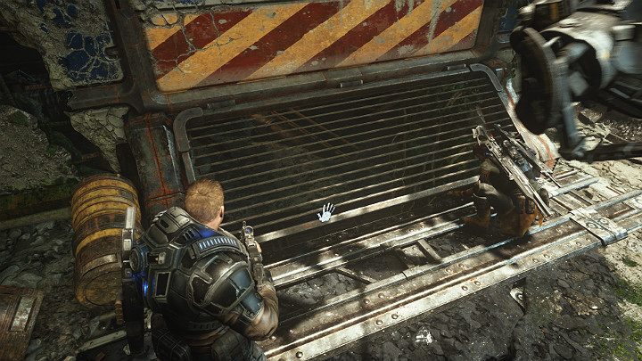 Aby przejść do dalszej części lokacji będziesz musiał podnieść kratę - Akt 1 Rozdział 1 - Strzał w ciemno | Solucja Gears 5 - Gears 5 - poradnik do gry
