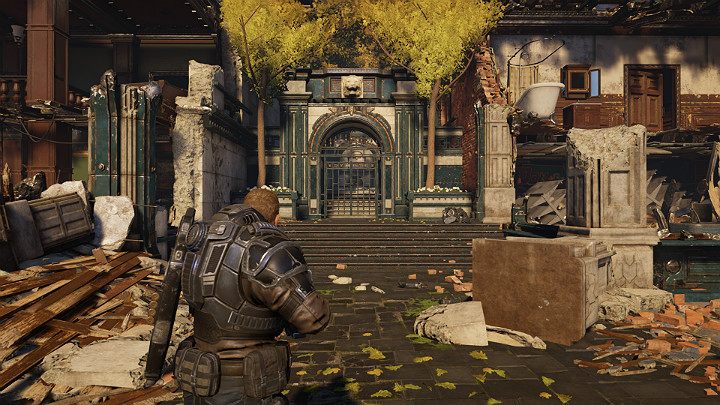 Przetnij łańcuch i przejdź przez widoczne na powyższym screenie wrota - Akt 1 Rozdział 3 - To jest wojna | Solucja Gears 5 - Gears 5 - poradnik do gry