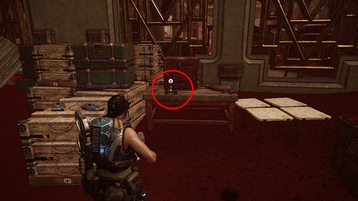 Gdy wyjdziesz na zewnątrz, omiń Paduka, zbierz komponent, który leży na stole po lewej stronie, a następnie skręć w prawo za kontenerem - Akt 3 Rozdział 1 - Wielka szansa | Solucja Gears 5 - Gears 5 - poradnik do gry