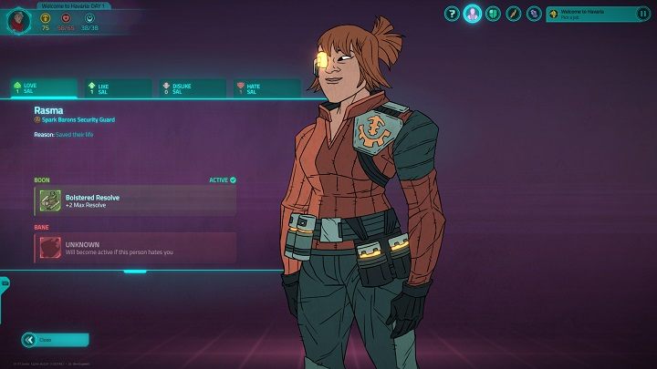 Za uratowanie życia Rasmie dostaliśmy 2 dodatkowe punkty resolve. - Interfejs gry w Griftlands - Griftlands - poradnik do gry