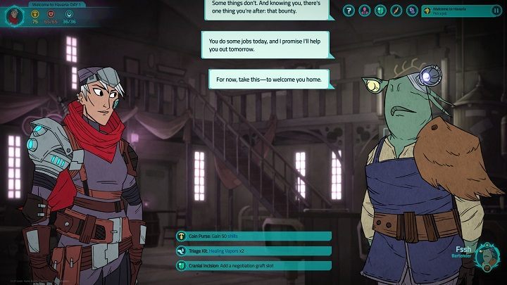 Przykładowe nagrody na start: 50 złota, 2 karty jednorazowego użytku oraz dodatkowy slot w pancerzu na przedmiot - 10 porad na start w Griftlands - Griftlands - poradnik do gry