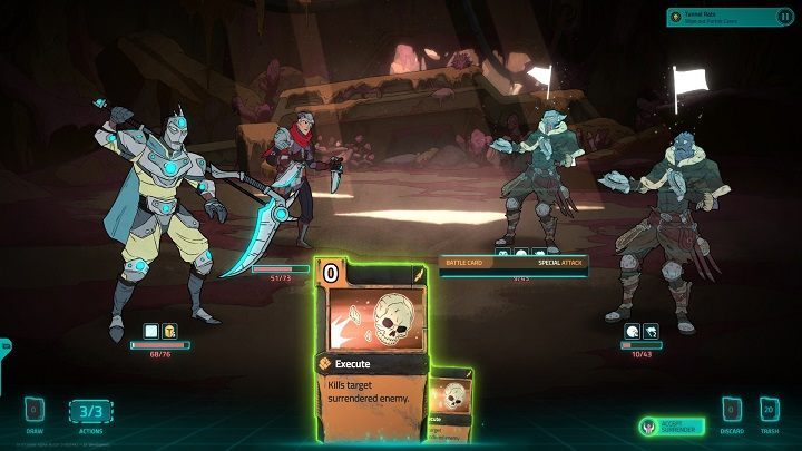 Kiedy doprowadzimy do stanu paniki w wszystkich przeciwników w naszej ręce pojawia się karta egzekucji a w prawym dolnym rogu przycisk do zaakceptowania poddania się. - 10 porad na start w Griftlands - Griftlands - poradnik do gry