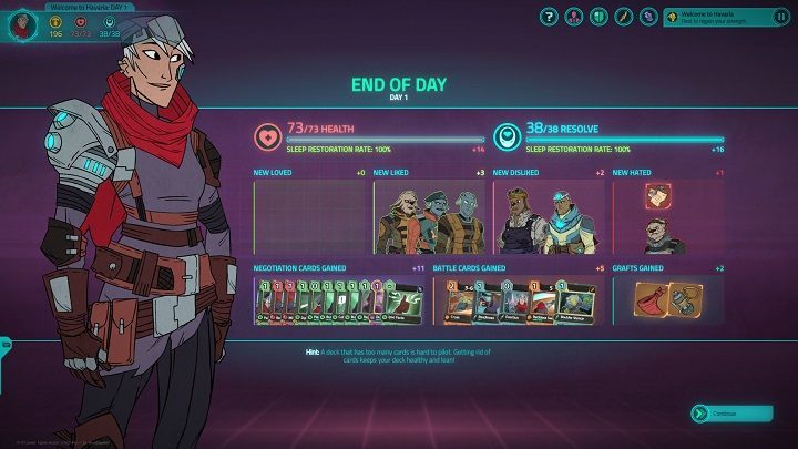 Po udaniu się na spoczynek naszym oczom ukazuje się ekran podsumowywujący jakie relacje osiągnęliśmy oraz jakie karty i przedmioty zdobyliśmy. - 10 porad na start w Griftlands - Griftlands - poradnik do gry