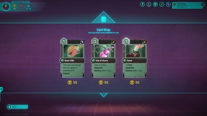 W tym wypadku dobre relacje z sklepikarzem obniżyły cenę kart o 25%, jednak i tak są one stanowczo za drogie. Wyjątek stanowi karta pierwsza, która nie ulegnie zniszczeniu po użyciu. - 10 porad na start w Griftlands - Griftlands - poradnik do gry