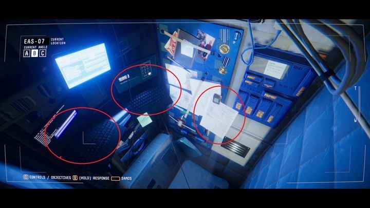 Przełącz się na kamerę B, zeskanuj dokument ze ściany (MARKER OBSERVATION) i podłącz się do laptopa po lewej aby odczytać wiadomość Jima (JE-HOME - GOOD LUCK) - Observation: Drugi spacer kosmiczny, nadanie wiadomości, solucja, etap 5 - Observation - poradnik do gry