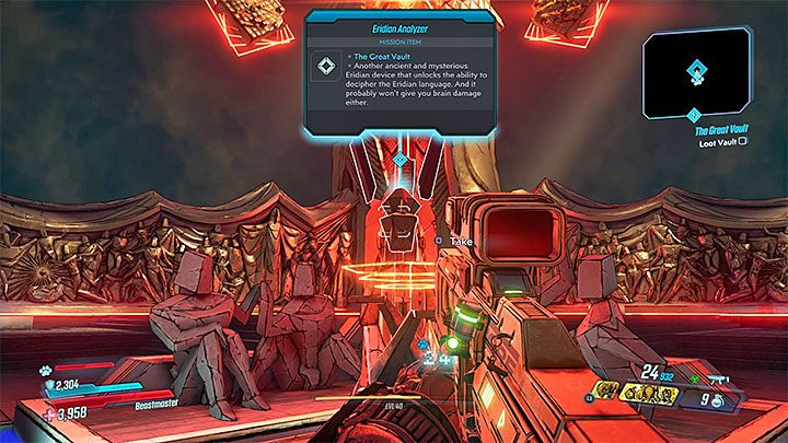 Po znalezieniu się wewnątrz skarbca dotrzyj do piedestału i zabierz z niego eridiański artefakt - Eridian Analyzer - Jak rozszyfrowywać eridiańskie pismo (Eridian Writing) w Borderlands 3? - Borderlands 3 - poradnik do gry