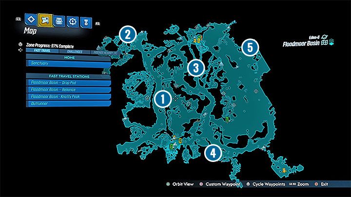 Miejsca dostarczenia paczek sprawdzaj na mapie Floodmoor Basin - przykładową trasę podróży (od 1 do 5) zaznaczyliśmy na powyższym obrazku - Eden-6 | Zadanie poboczne w Borderlands 3 - Borderlands 3 - poradnik do gry