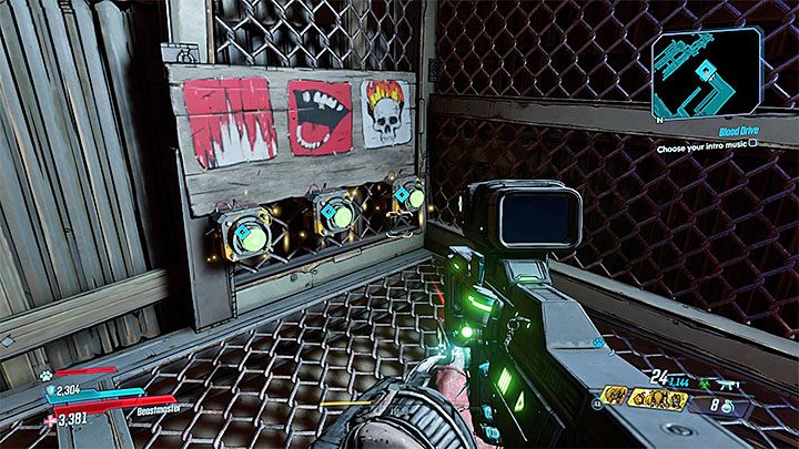 Docelowo dotrzesz do pokazanych na obrazku trzech przycisków - każdy z nich załącza inną muzykę gdy będziesz wchodził na arenę - Blood Drive | Solucja Borderlands 3 - Borderlands 3 - poradnik do gry