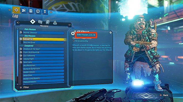 Za każdym razem gdy otrzymasz nowy quest warto zajrzeć do dziennika (Log) żeby podejrzeć jego rekomendowany poziom doświadczenia - w przykładzie z obrazka jest to 13 poziom - Porady na start do Borderlands 3 - Borderlands 3 - poradnik do gry
