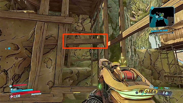Obróć się w lewo i zainteresuj się zaznaczoną na naszym obrazku poziomą belką - Jak dotrzeć do dziennika Typhon Log w Voracious Canopy w Borderlands 3? - Borderlands 3 - poradnik do gry