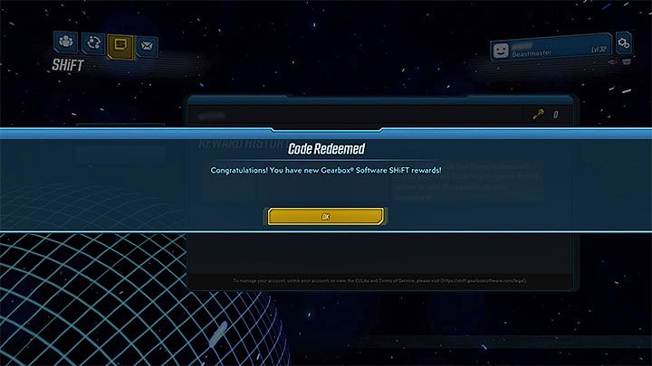 Jeśli prawidłowo wpisałeś kod, który był nadal aktywny, to otrzymasz informację o jego poprawnej realizacji - Co to są Shift Codes w Borderlands 3? - Borderlands 3 - poradnik do gry
