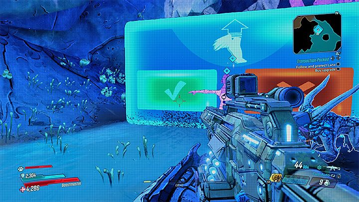 Po dotarciu do wirtualnej tablicy strzel w zielony przycisk z ptaszkiem żeby dokonać mikrotransakcji (na szczęście tylko za 1 kredyt) i zakupić ulepszenie - Nekrotafeyo | Zadanie poboczne w Borderlands 3 - Borderlands 3 - poradnik do gry