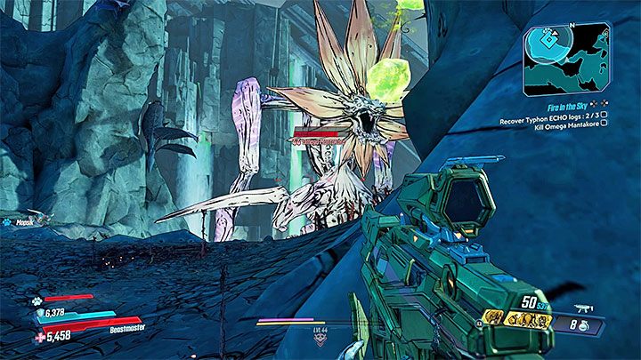 Po dotarciu w pobliże znacznika trzeciego dziennika pojawi się mini-boss Omega Mantakore, który wypluwa kule kwasu - Nekrotafeyo | Zadanie poboczne w Borderlands 3 - Borderlands 3 - poradnik do gry