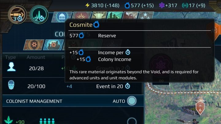 Ilość produkowanych surowców (tutaj Cosmite) widać na górze ekranu. - Surowce i ich pozyskiwanie w Age of Wonders Planetfall - Age of Wonders Planetfall - poradnik do gry