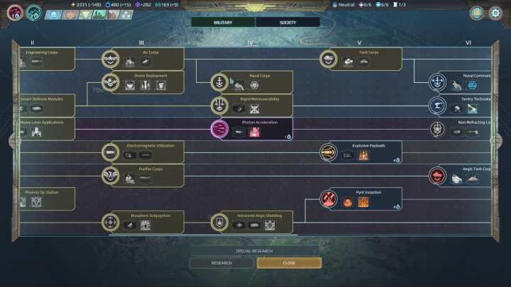 Tu z kolei okno badań militarnych. - Badania naukowe w Age of Wonders Planetfall - Age of Wonders Planetfall - poradnik do gry