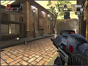 Idąc dalej natkniesz się na wrogi pojazd, pilnowany przez wojaka - High Rent District | Hanging in the Hood | Red Faction II - Red Faction II - poradnik do gry