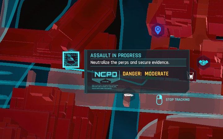 Wezwania policyjne oznaczane są niebieskim kolorem na mapie Night City - Cyberpunk 2077: Wszystkie Trofea / Osiągnięcia - Cyberpunk 2077 - poradnik do gry