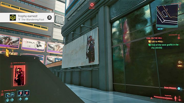 Zbadanie pierwszego muralu odblokuje poboczny quest Fool on the Hill, z którego dowiesz się, że do odnalezienia jest 20 graffiti - Cyberpunk 2077: Wszystkie Trofea / Osiągnięcia - Cyberpunk 2077 - poradnik do gry