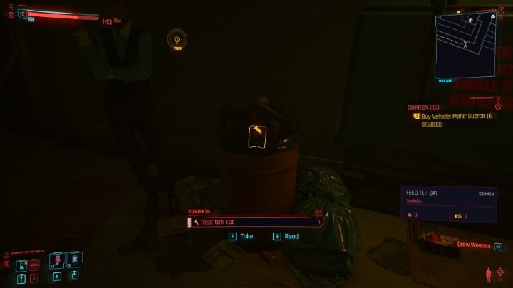 Szybko trafisz na kosz, w którym znajdziesz notatkę o karmieniu kota - przeczytaj ją - Cyberpunk 2077: Gdzie znaleźć i adoptować kota? - Cyberpunk 2077 - poradnik do gry