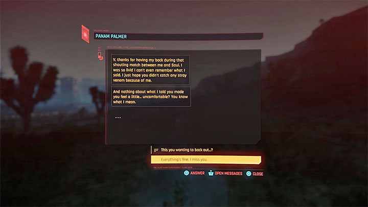 W przerwie pomiędzy drugim i trzecim questem Panam może ona wysłać V wiadomość - Cyberpunk 2077: Panam Palmer - romans/seks - Cyberpunk 2077 - poradnik do gry