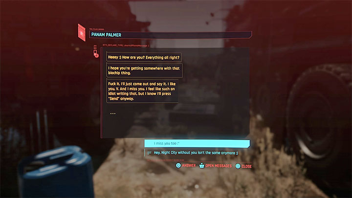 Po zakończeniu linii fabularnej Panam i związaniu się z nią może ona kontaktować się z V i wysyłać wiadomości tekstowe - Cyberpunk 2077: Panam Palmer - romans/seks - Cyberpunk 2077 - poradnik do gry