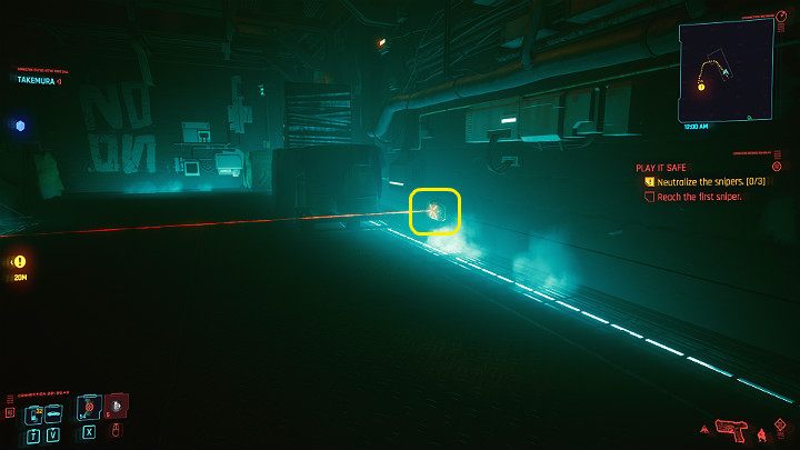 Zanim pójdziesz dalej, zwróć uwagę na ładunki wybuchowe - możesz w nie strzelić (zdetonować), rozbroić (wymagana Zdolność Techniczna na poziomie co najmniej 6 punktów) lub przeskoczyć nad laserem - Cyberpunk 2077: Przerwane milczenie/Play It Safe - solucja, opis przejścia - Cyberpunk 2077 - poradnik do gry