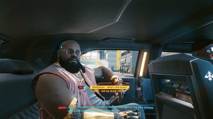 Z rozmowy dowiesz się, że Dex ma zlecenie na kradzież korporacyjnego prototypu biochipa - Cyberpunk 2077: Pierwsza zasada Afterlife/The Ride - solucja, opis przejścia - Cyberpunk 2077 - poradnik do gry