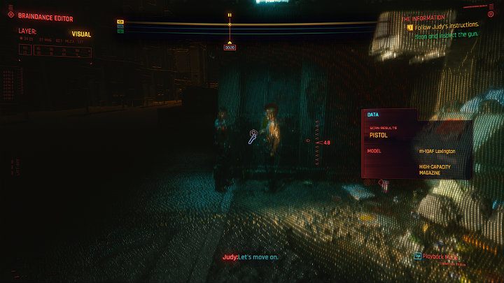 W tym momencie przejdziesz krótki samouczek z edytora braindansu na bazie przykładowego nagrania - Cyberpunk 2077: Cherchez la Femme/The Information - solucja, opis przejścia - Cyberpunk 2077 - poradnik do gry