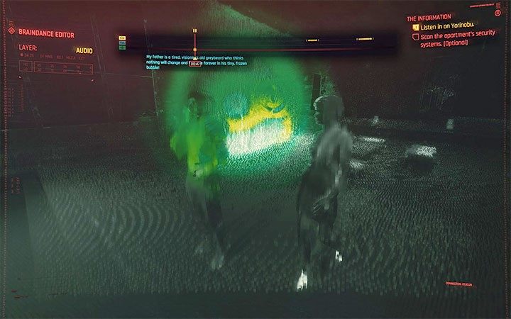 Wznów nagranie i pozostawaj z kamerą blisko Yorinobu żeby podsłuchiwać prowadzoną przez niego rozmowę telefoniczną - Cyberpunk 2077: Cherchez la Femme/The Information - solucja, opis przejścia - Cyberpunk 2077 - poradnik do gry