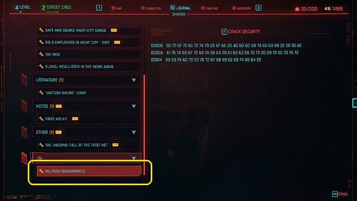 Otwórz główne menu, a następnie przejdź do panelu drzazg - Cyberpunk 2077: Bilet wstępu/The Pickup - solucja, opis przejścia - Cyberpunk 2077 - poradnik do gry