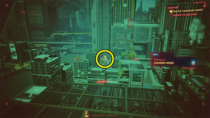 Otrzymasz podpowiedź, że sygnał jest przesyłany do miejsca znajdującego się w zasięgu widzenia - Cyberpunk 2077: Bunraku - solucja, opis przejścia - Cyberpunk 2077 - poradnik do gry