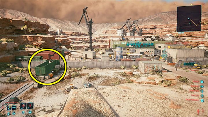 Jeśli planujesz skradać się, to bardzo dobrym pomysłem jest zakradnięcie do zaznaczonego na obrazku dużego zielonego kontenera po lewej stronie - Cyberpunk 2077: Kto sieje wiatr/Riders on the Storm (Panam) - solucja - Cyberpunk 2077 - poradnik do gry