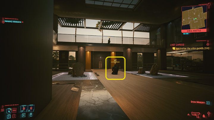 Następnie cofnij się przez podwójne drzwi i zajdź od tyłu przeciwnika siedzącego w obszernym korytarzu - Cyberpunk 2077: Początek końca/Last Caress - solucja, opis przejścia - Cyberpunk 2077 - poradnik do gry