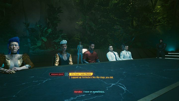 W tym momencie, jako naoczny świadek wydarzeń, które miały miejsce w apartamencie Yorinobu w Konpeki Plaza, musisz stanąć po stronie Hanako i potwierdzić prawdziwość jej słów - Cyberpunk 2077: Siostra i brat/Totalimmortal - solucja, opis przejścia - Cyberpunk 2077 - poradnik do gry