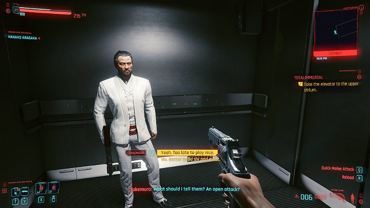 Jeśli w misji Mieszkanie nr 303 (Search and Destroy) uratowałeś Takemurę, zaproponuje on teraz swoją pomoc - Cyberpunk 2077: Siostra i brat/Totalimmortal - solucja, opis przejścia - Cyberpunk 2077 - poradnik do gry