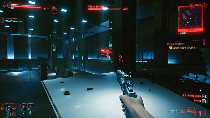 Gdy zdrowie Adama Smashera spadnie poniżej 60%, straci on swoją prawą rękę i wezwie posiłki - Cyberpunk 2077: Siostra i brat/Totalimmortal - solucja, opis przejścia - Cyberpunk 2077 - poradnik do gry