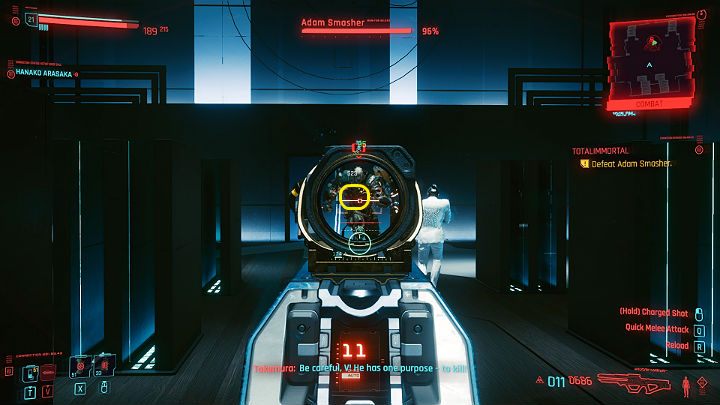 Słabym punktem Adama Smashera jest cybernetyczne serce, które zostało schowane za osłoną w prawej części jego klatki piersiowej - Cyberpunk 2077: Jak pokonać bossa Adam Smasher? - Cyberpunk 2077 - poradnik do gry