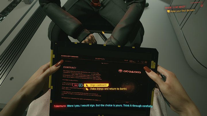 V nie jest przekonany co do tego rozwiązania twierdząc, że Arasaka chce uwięzić go w konstrukcie i będzie miała prawo zrobić z nim co tylko chce - Cyberpunk 2077: Zakończenie korporacyjne - Arasaka - Cyberpunk 2077 - poradnik do gry