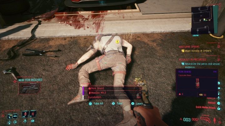 Miejsce ukrycia: przed garażem leżą zwłoki - Cyberpunk 2077: Wszystkie Drzazgi atutów - Cyberpunk 2077 - poradnik do gry