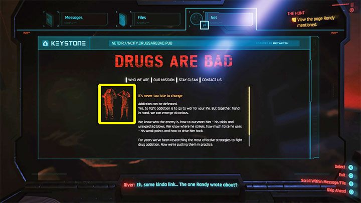 Zacznij od przejrzenia wszystkich 8 Wiadomości (Messages) i 3 Plików (Files) - Cyberpunk 2077: Kwestia czasu/The Hunt (River) - solucja, opis przejścia - Cyberpunk 2077 - poradnik do gry
